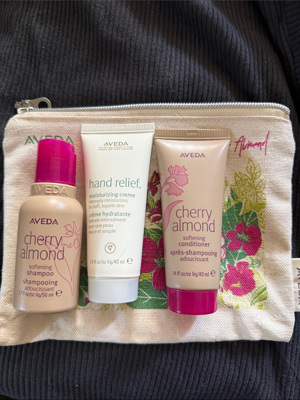 AVEDA BundleCherry Almond & Hand Relief Travel Trio - with travel pouch